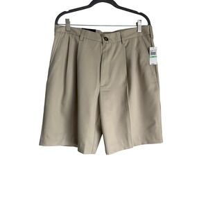 IZOD Golf Mens Pleated Classic Fit Shorts Khaki Tan UPF 50 Wicking 34 NEW